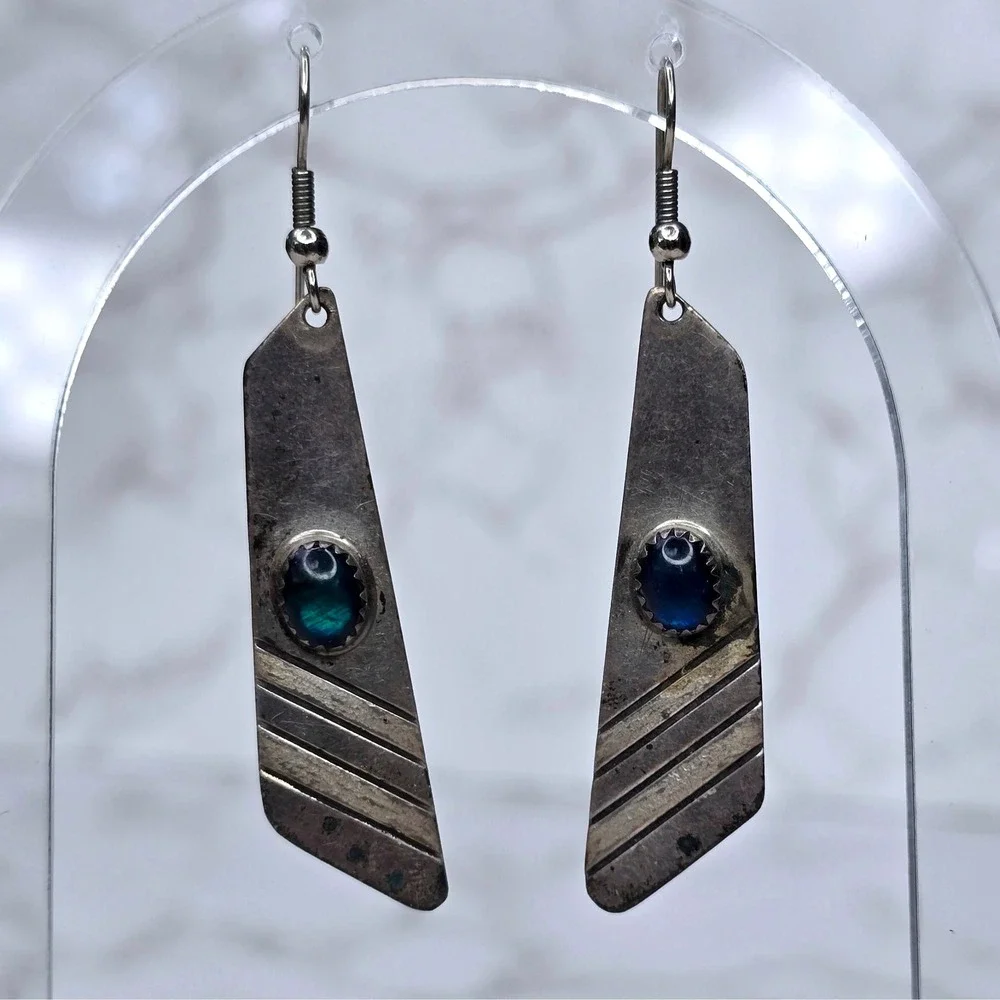 Vintage Gary Custer GSC Navajo Sterling Silver Opal Dangle Earrings Signed 8.3g